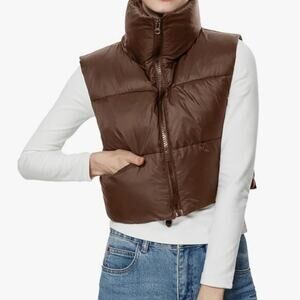 Womens Crop Puffer Cropped Vest Sleeveless Light Weight In Color Brown M